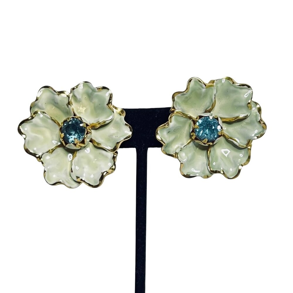 Gold Tone, Blue Rhinestone And Green Enamel Flower Clip On Earrings (6080)
